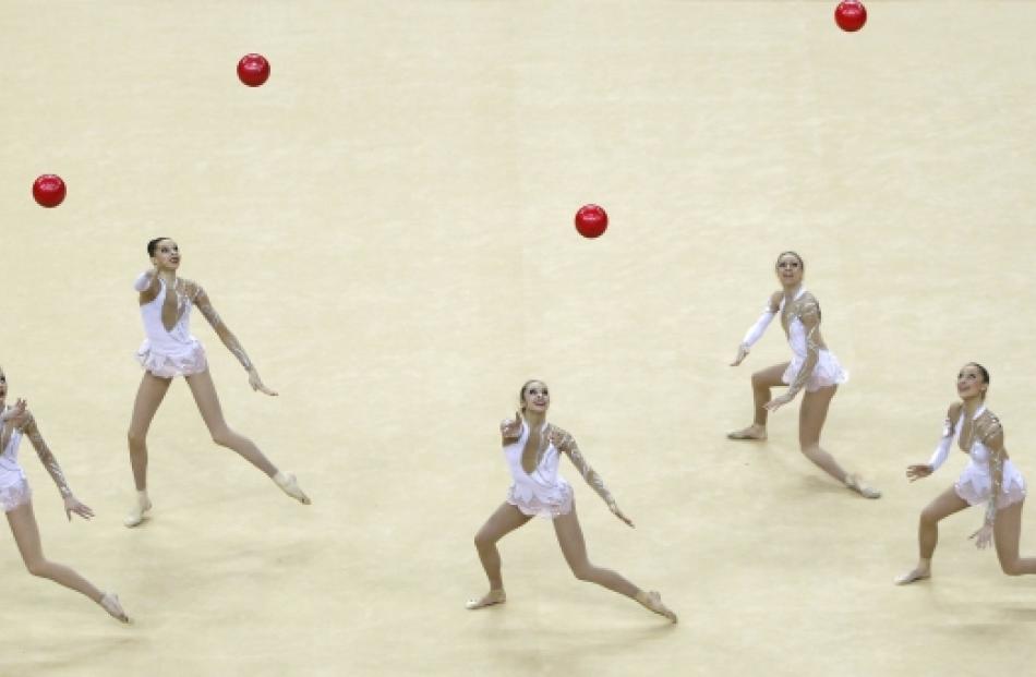 The French team compete in the International Group Rythmic Gymnastics event in east London....