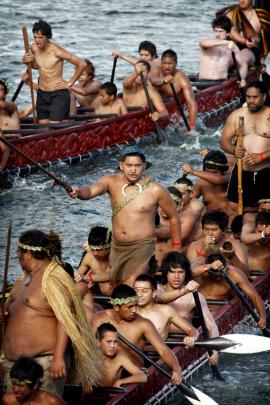 The waka arrive at Waitangi. Photo by The New Zealand Herald.