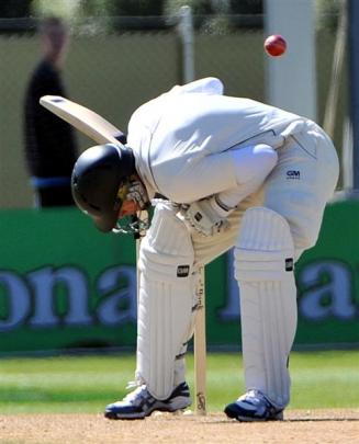 Black Caps captain Ross Taylor ducks a bouncer during the second day of the first test between...