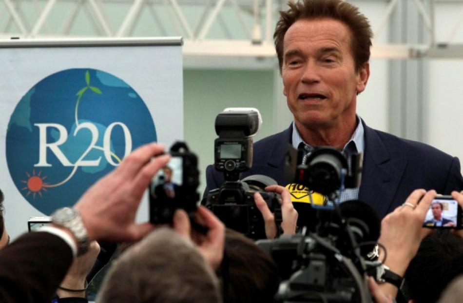 Former California Governor and R20 Founding Chair Arnold Schwarzenegger addresses the media...