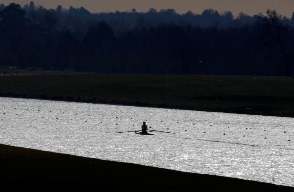 A British rower prepares before the GB Rowing Team Senior Trials at the Olympic rowing venue in...