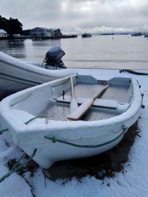 A snow covered boat at Oban in Stewart Island. Photo: Nik Hurring 