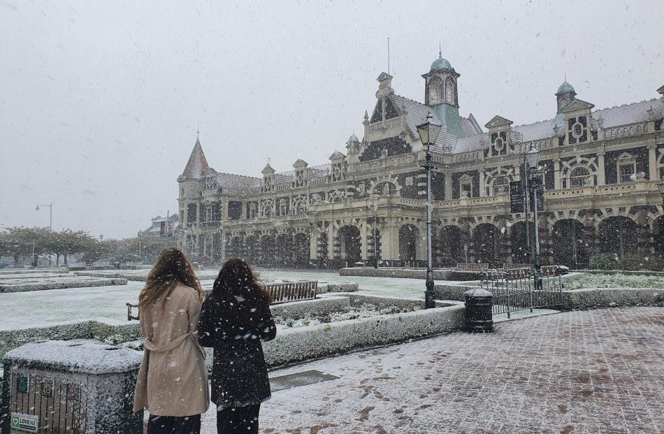 Snow added a fairytale touch to Dunedin's Railway Station on Tuesday morning. Photo: Vaughan Elder