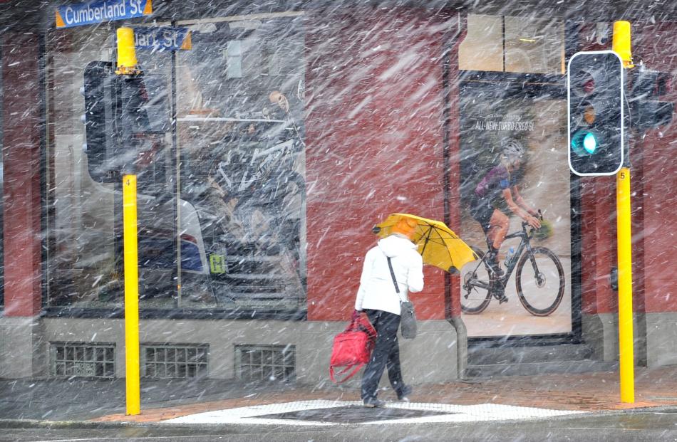 A woman uses an umbrella to keep snow off her in lower Stuart St yesterday. PHOTO: CHRISTINE O...