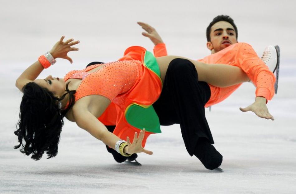 Sara Hurtado and Adria Diaz of Spain perform during the ice dance short dance at the ISU World...