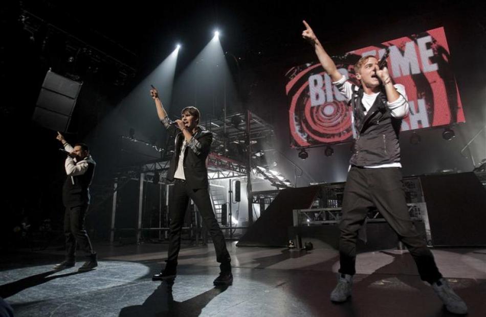 Big Time Rush performs during the group's sold-out show at the Gibson Amphitheatre at Universal...