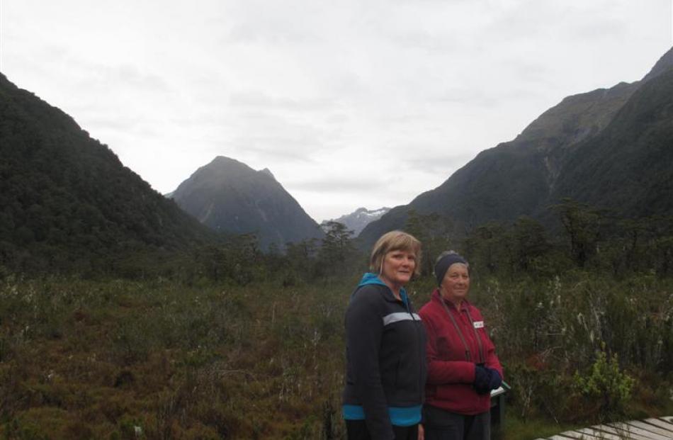 Irene Mosley, of Mosgiel, and Heather Keach, of Balclutha, diverted off the track to the Wetland...