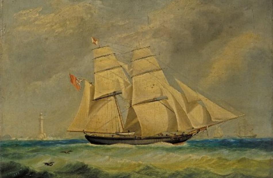The clipper Poppy, which ran opium between India and China, is depicted off the coast of...