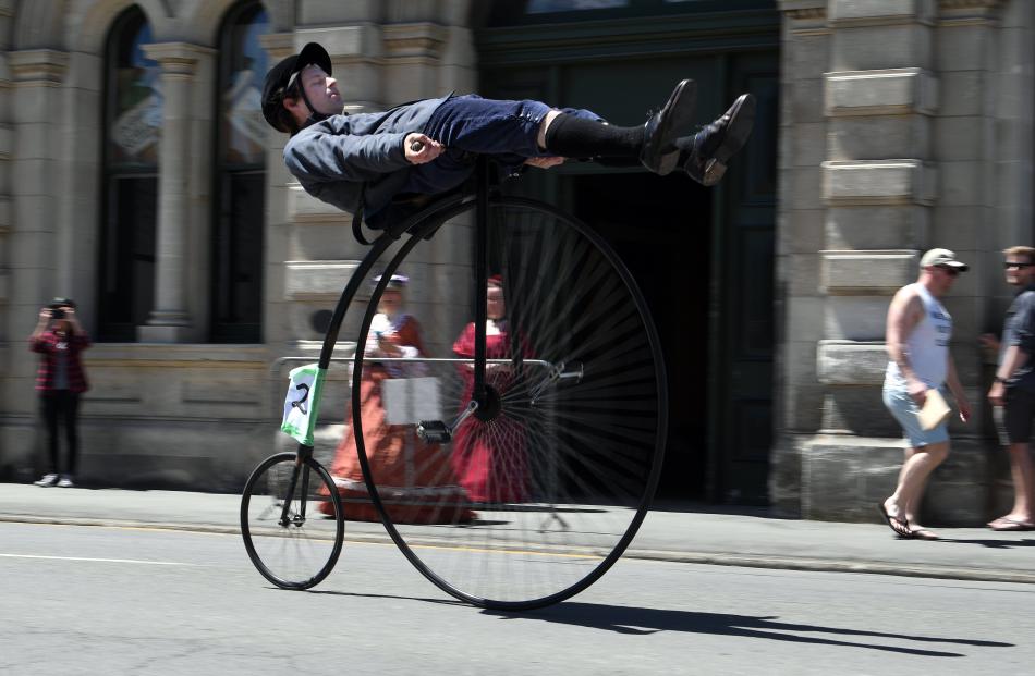 Practising his tricks before the 26th Heritage Bicycle Championship is Oliver Briggs, of Oamaru.