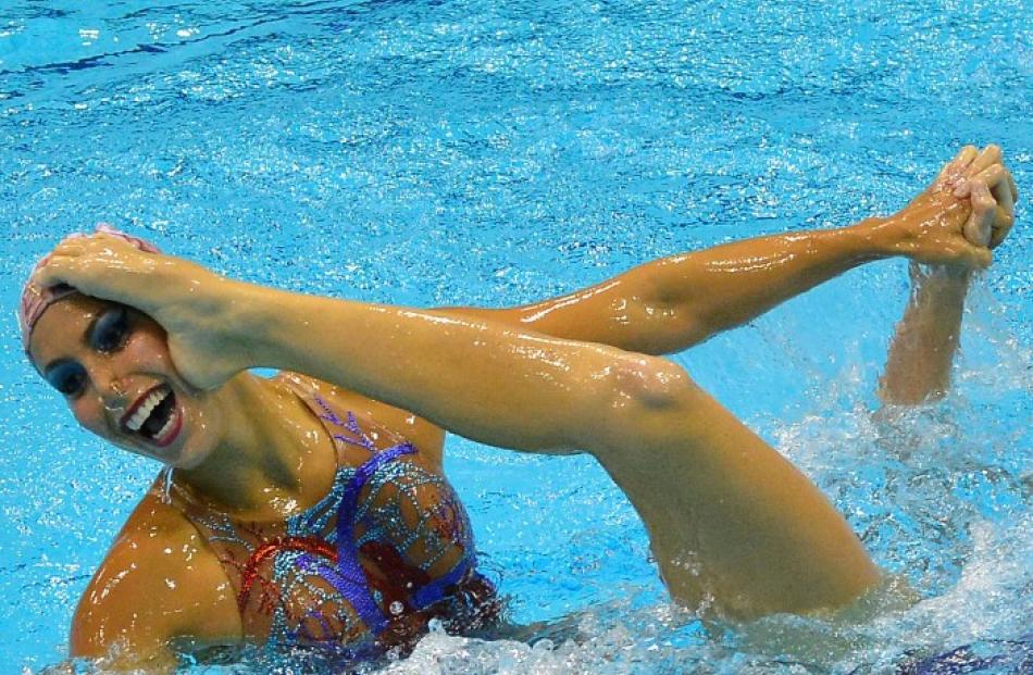 Nayara Leite Figuiera and Lara Puglia Teixeira of Brazil perform during the synchronised swimming...