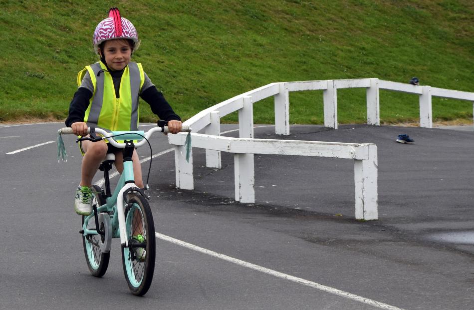 Jessica Barker (6), of Mosgiel, rides her bike at the Family Bike Day.

