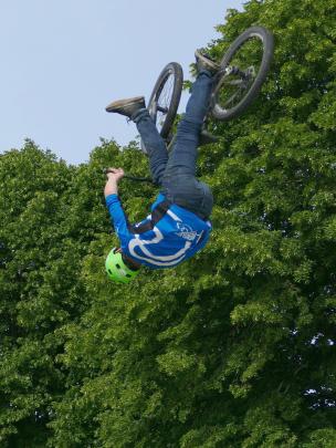 Levi Goodall, of Gore, practises one of his freestyle mountain bike stunts at the South Otago A &...