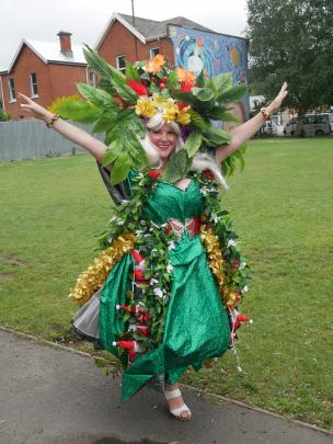 Orokonui Ecosanctuary educator Tahu Mackenzie shows off her decorative outfit before the parade.