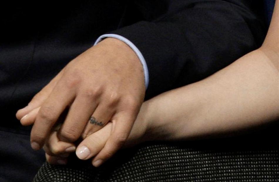 A tattoo of the name "Bristol" is seen on the left ring finger of Levi Johnston. Photo Paul...