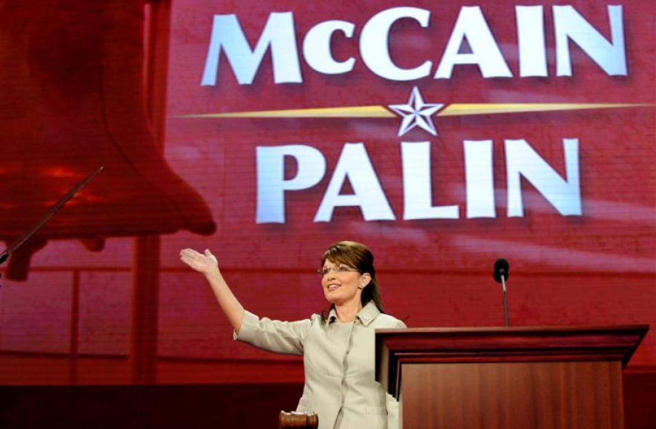 Sarah Palin waves before starting her speech at the Republican National Convention on Wednesday....