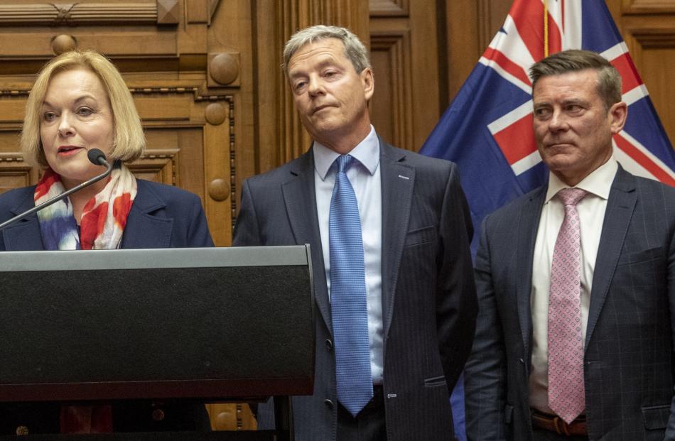  Judith Collins announces 
finance duo Andrew Bayly and Michael 
Woodhouse. PHOTO: MARK MITCHELL