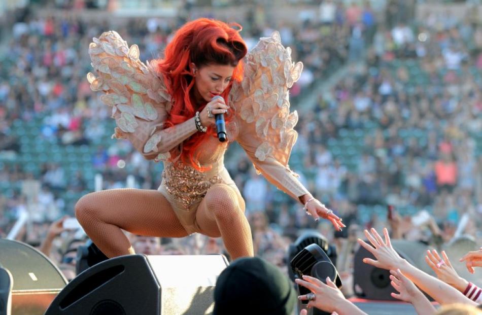 Singer Neon Hitch performs with Gym Class Heroes at the 2012 Wango Tango concert at the Home...