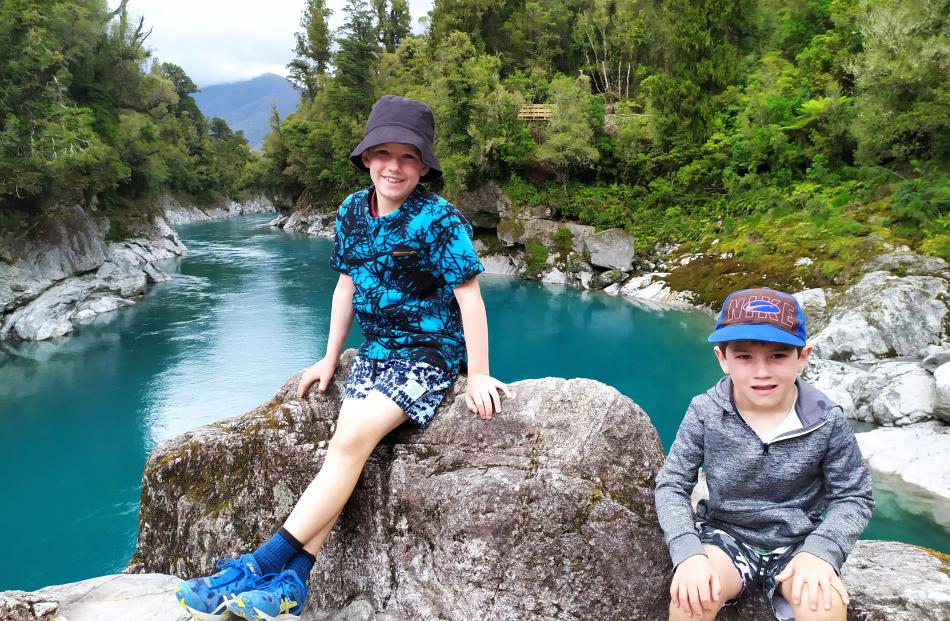 Zac (8) and Ted (5) Johnston in the Hokitika Gorge. PHOTO: MAGGIE PASEK
