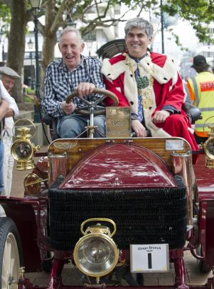 Brighton Veteran Car Rally organiser Colin Winter drives Dunedin Mayor Aaron Hawkins. PHOTOS:...