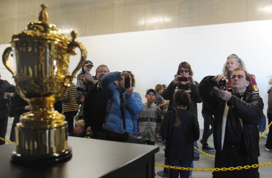 Rugby World Cup Webb Ellis trophy on display at the Forsyth Barr Stadium.