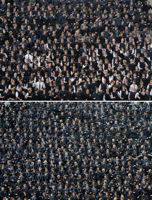 Pupils in the stands perform haka. Top is OBHS, bottom is King's.
