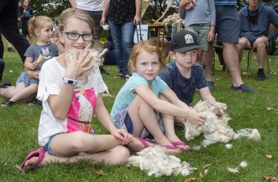 Mather siblings Emelia, left, 9, Tom, 7, and Izabela, 4, at the sheep shearing demonstration.