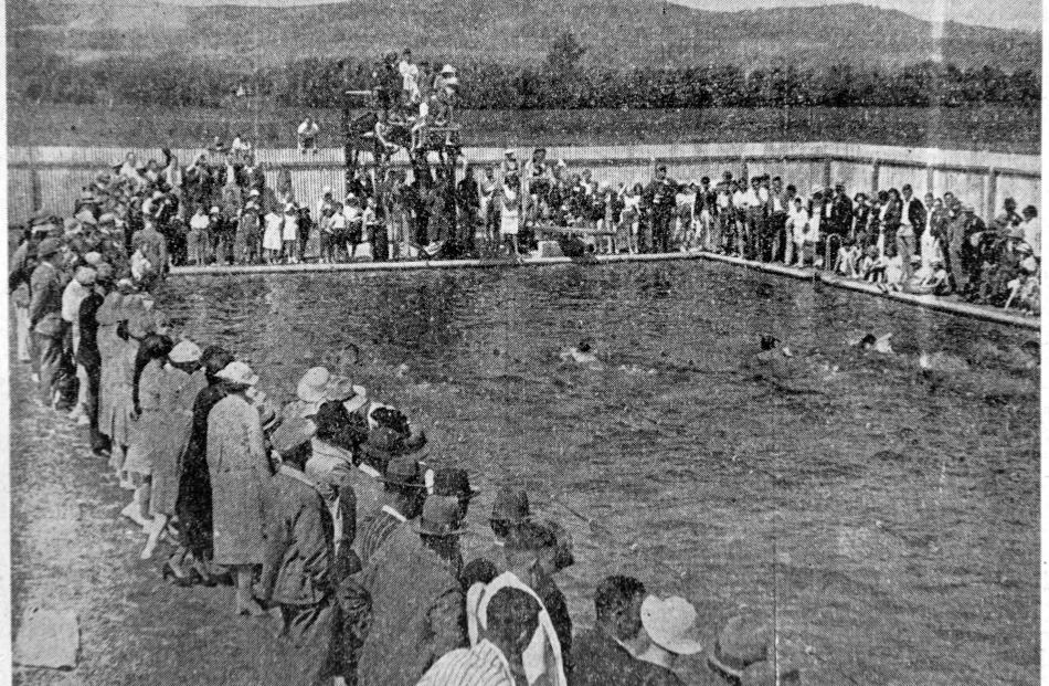 Crowds attend the opening day of the Taieri Swimming Club’s new baths in December 1937. PHOTO:...