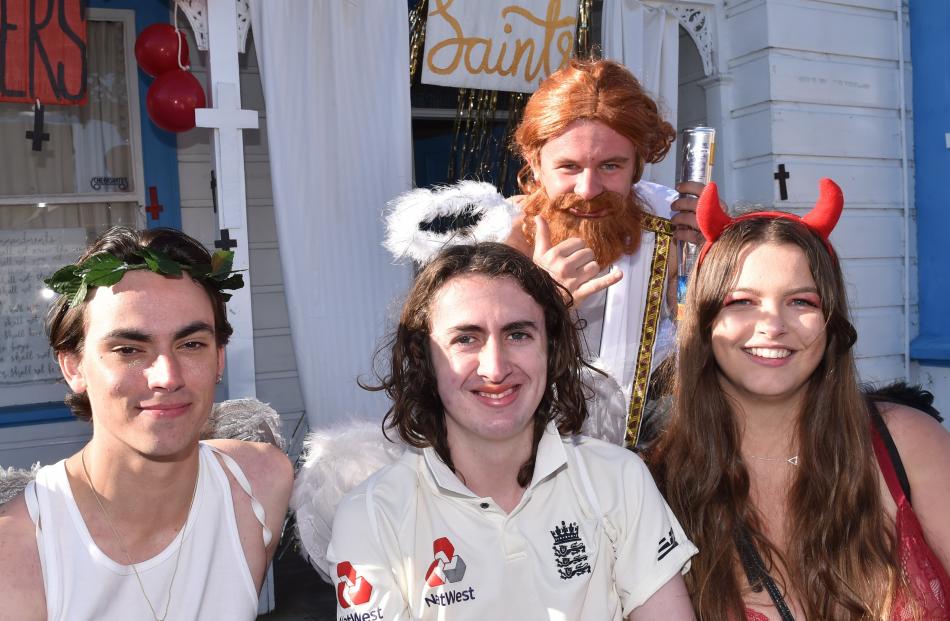 The theme was Saints and Sinners for (from left, at front) Ciaran Naylor, Max Tierney, Lara...