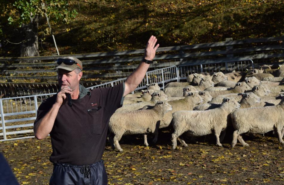 Riverside stud owner Don Murray, of Waitahuna, speaks about his farm on a stop of the Southdown...