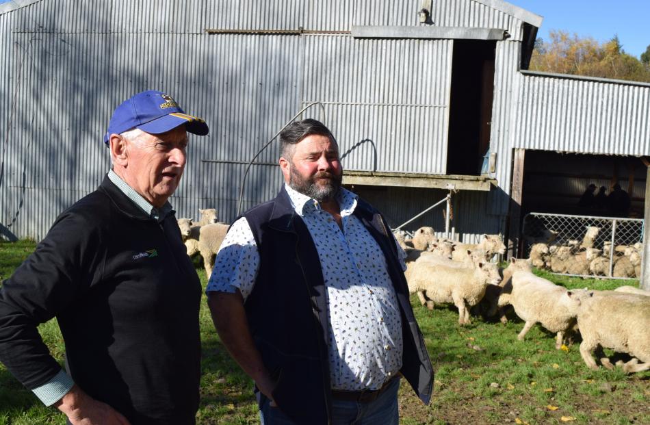 Southern Southdown Breeders Club member Roger Keach (left), of Waihola, and chairman Rob Hall, of...