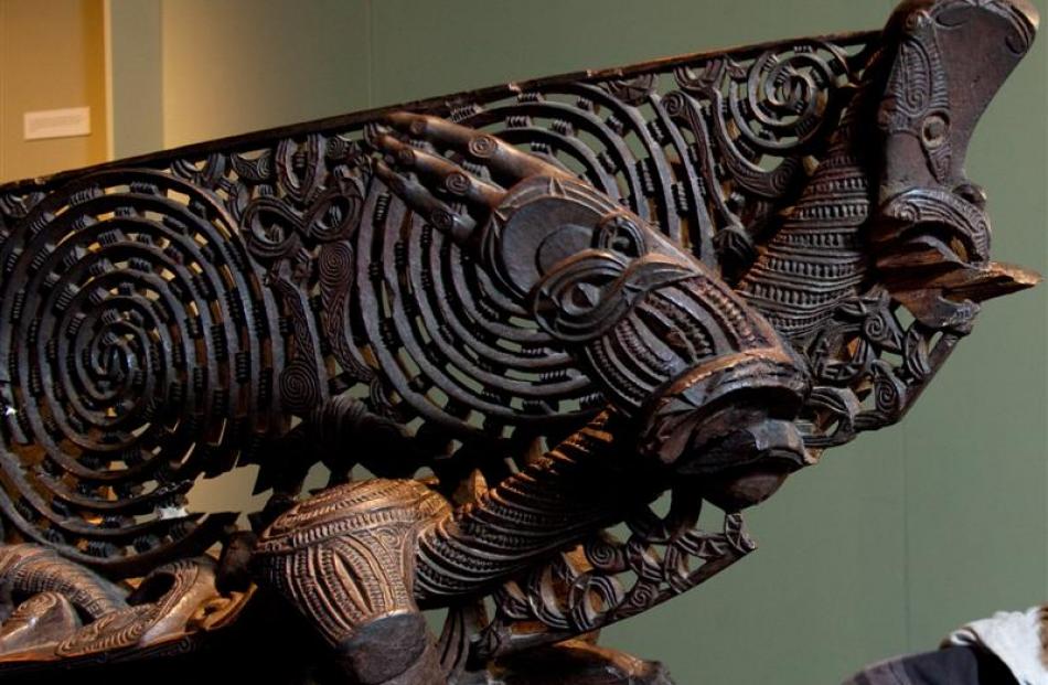 The intricately carved prow of a Maori waka taua (war canoe) at the museum. Photos by ODT/supplied.