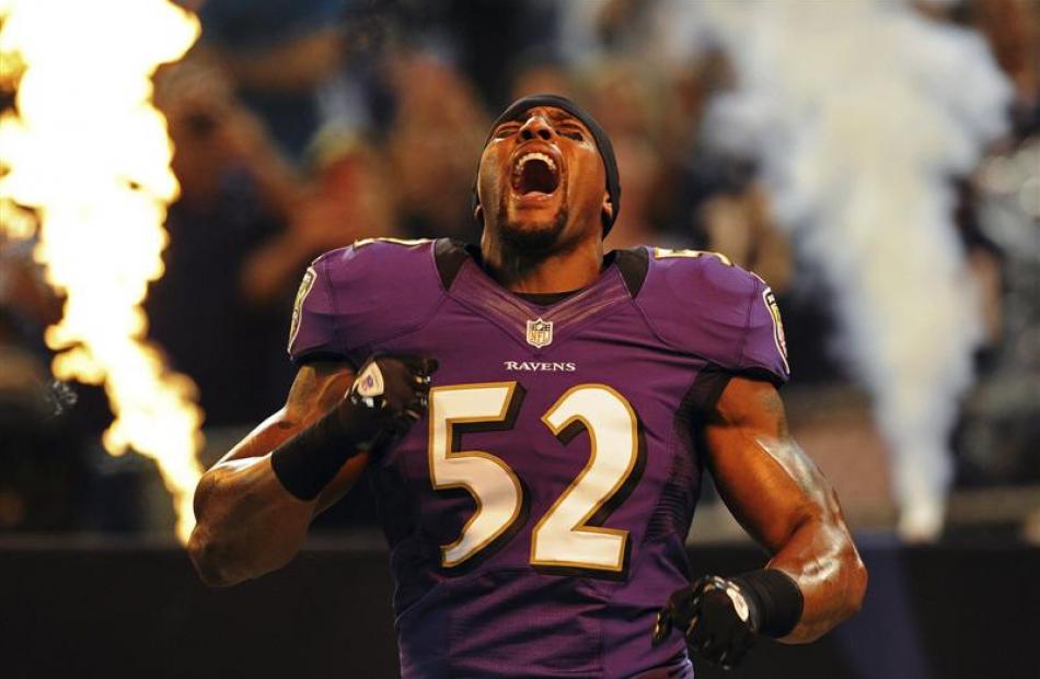 Baltimore Ravens linebacker Ray Lewis is introduced to the crowd before playing the Detroit Lions...