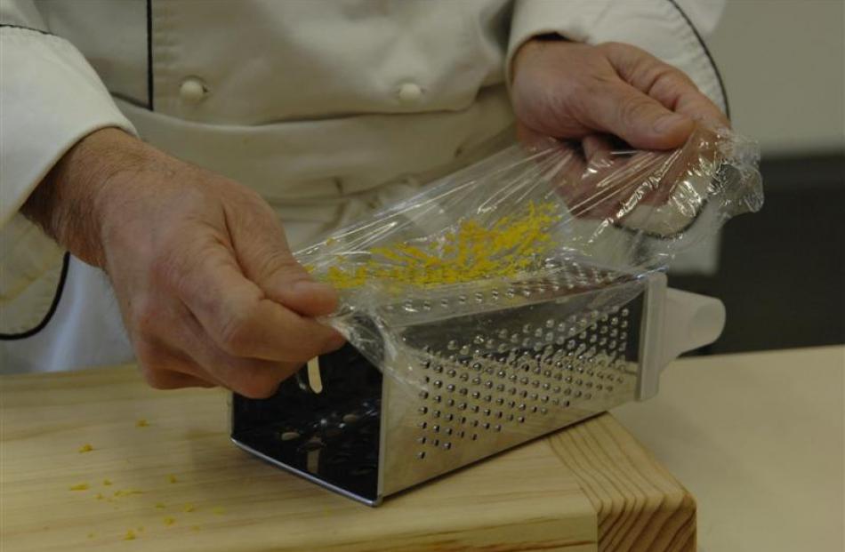 2. Chef Pfyl uses a Jo Seagar trick, covering the fine side of a grater with cling film, which...