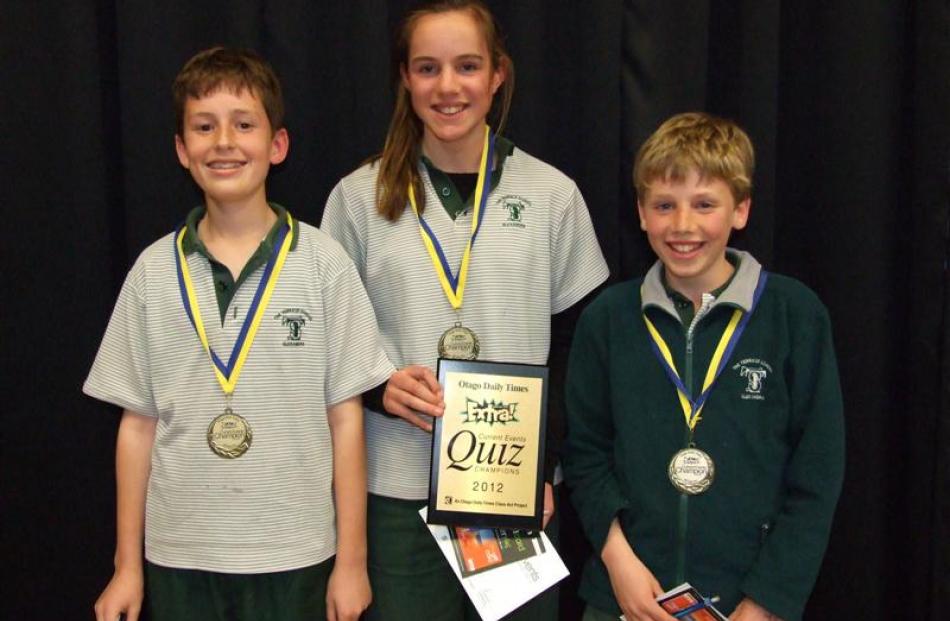Year 7 and 8 winners (from left) James Sawers  (13), Hannah Heyward  (12) and Sam O'Brien (12),...