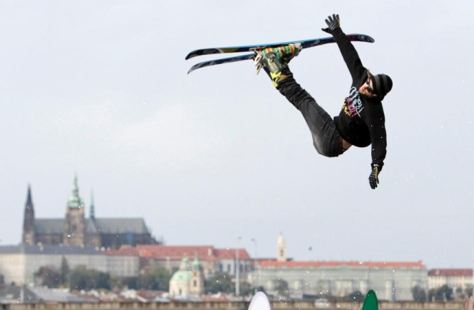 A skier jumps off a ramp during the Apres Ski 2012 winter fun festival in Prague, Czech Republic....