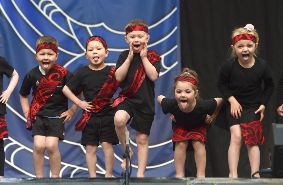 Performers from Wee Nippers Mosgiel put their game faces on at Otago Polyfest yesterday.

