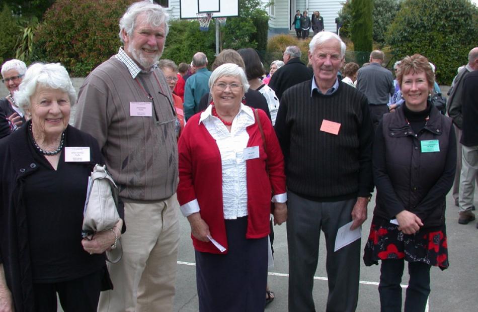 Teacher Merle Whiting of Christchurch, principal Lyn Shannon of Napier, Jan and Ian Wedge of...