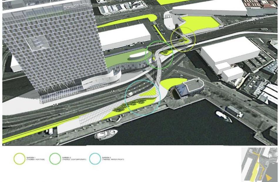 The bridge would twist its way from the Chinese Garden (top right) to the harbour basin (bottom)...