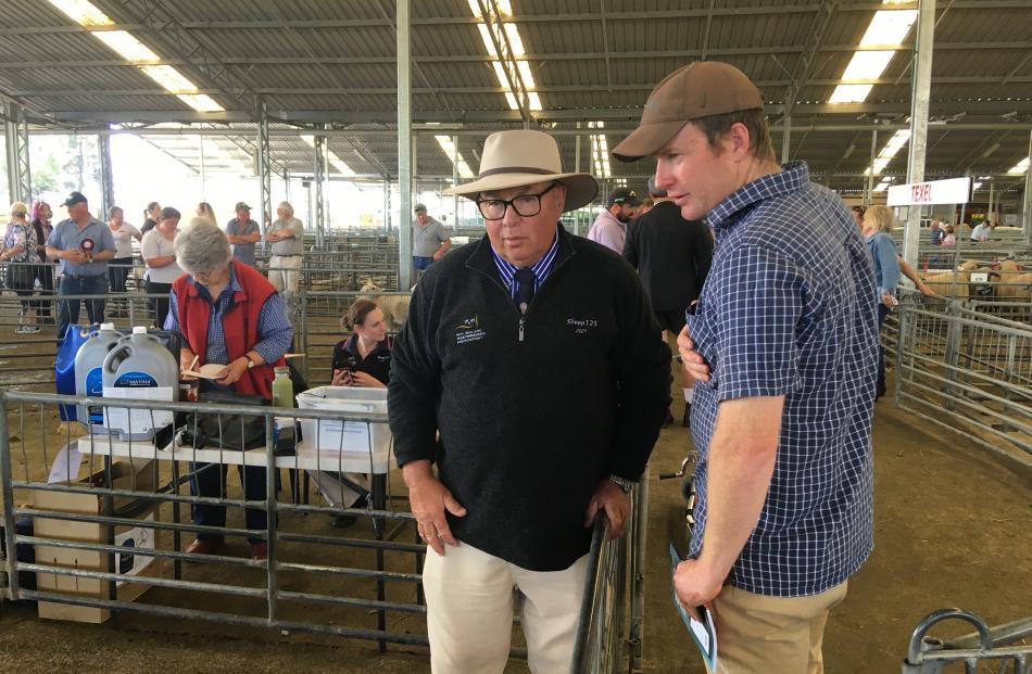 New Zealander Sheep Breeders Association president Tom Burrows (left), of Horrelville, and James...