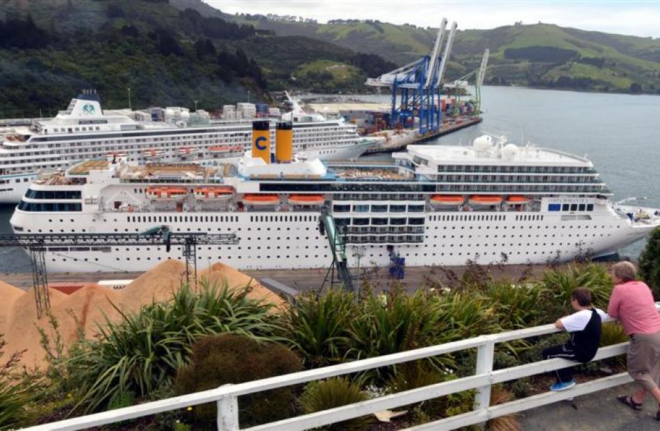 Jean McKeeven and her grandson Jayden Suddaby-McKeeven (9) admire  cruise ships Costa...