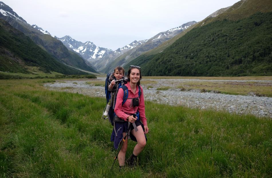 Lucy Sise (13 months) and her mother Georgie Sise tramp near Hagen’s hut, in the upper Ahuriri...