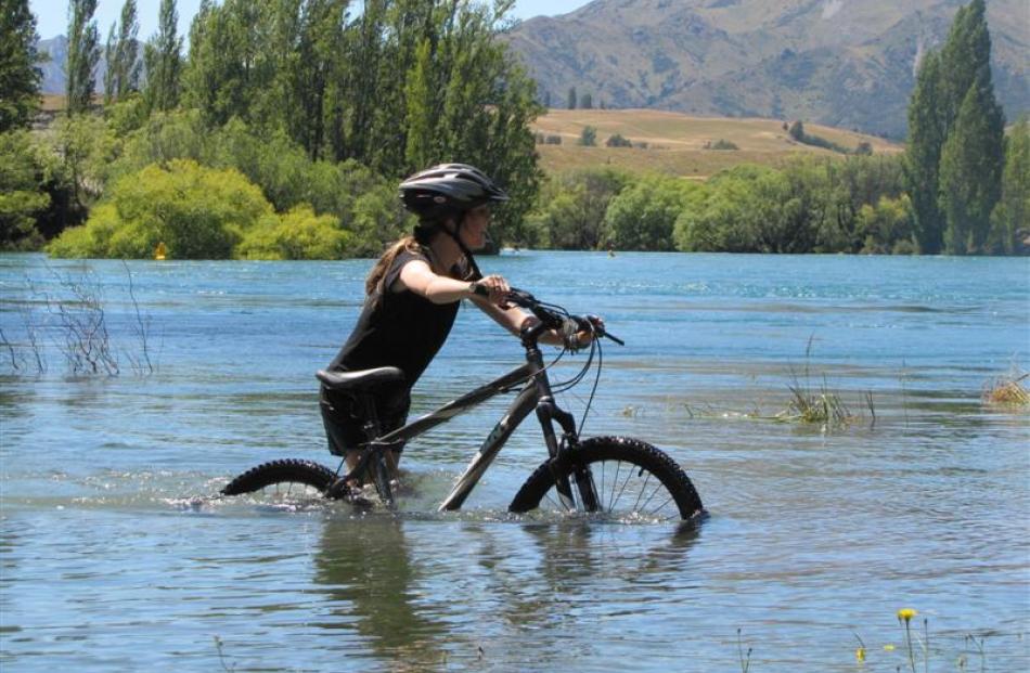 Annabel Marshall (13), of Dunedin, follows the cycle track through a backwater of the Clutha...