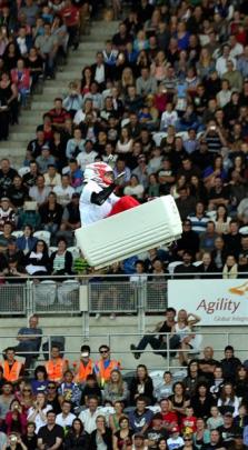 Chris Haffey rides in a chilly bin at Forsyth Barr Stadium last night.