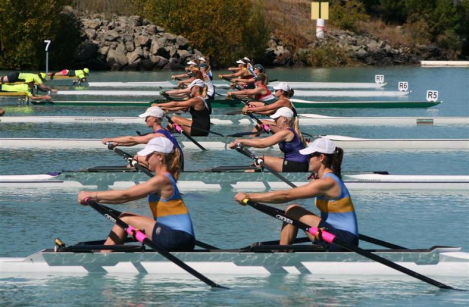 The Otago University club double sculls of Caitlin Buist (left) and Nicola Shanks (in light blue...