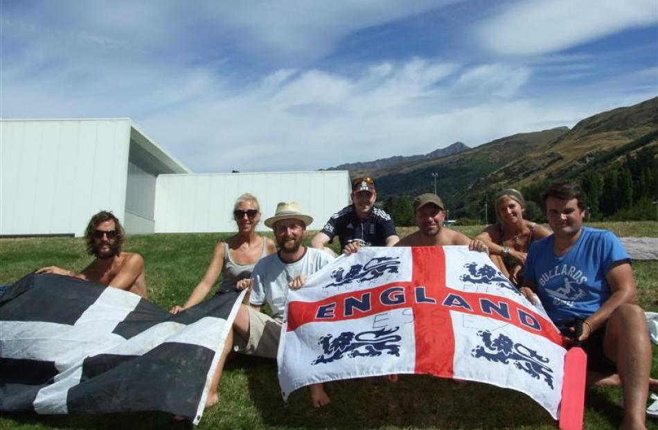 Showing the flag for the  Barmy Army at the Queenstown Events Centre.