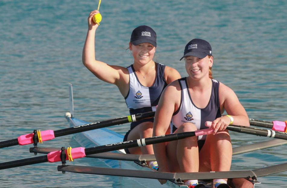 The Otago Girls’ High School crew of Sophie Orchiston and Maggie Hepburn line up at the start...