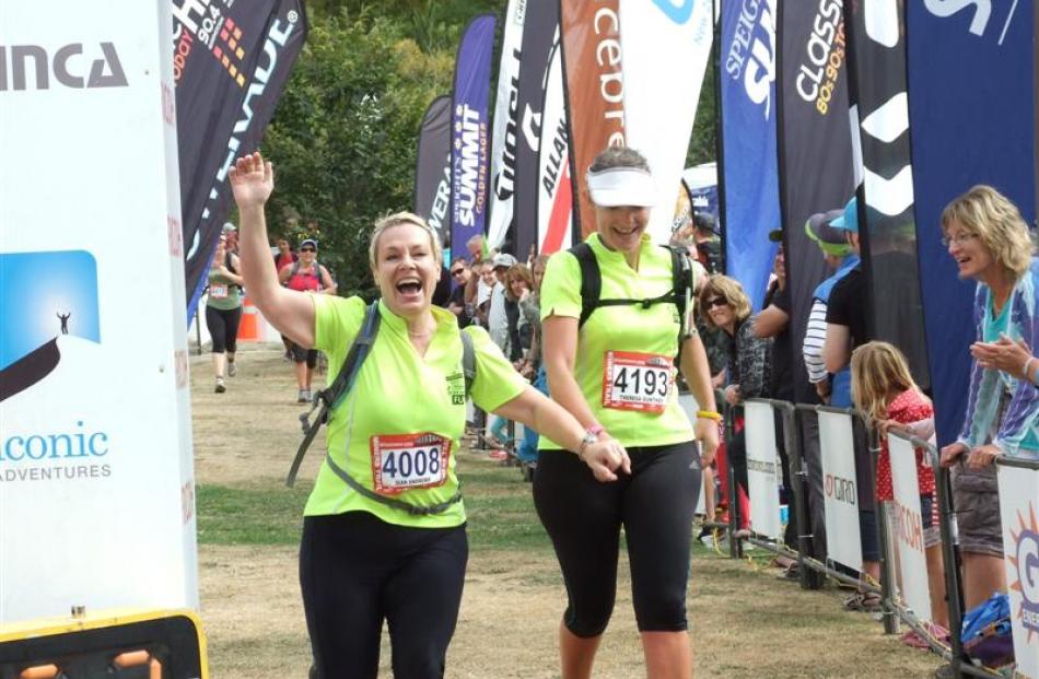 Sian Andrews and Theresa Gunther ecstatic at the finish line.