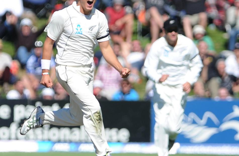 Wagner celebrates his 3rd wicket on day 2.