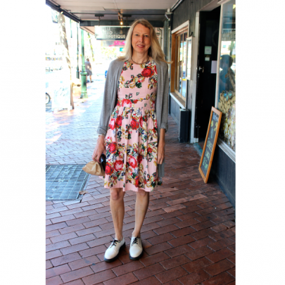Nichola photographed on George St wears a cardigan from Save-Mart, a dress she bought in...