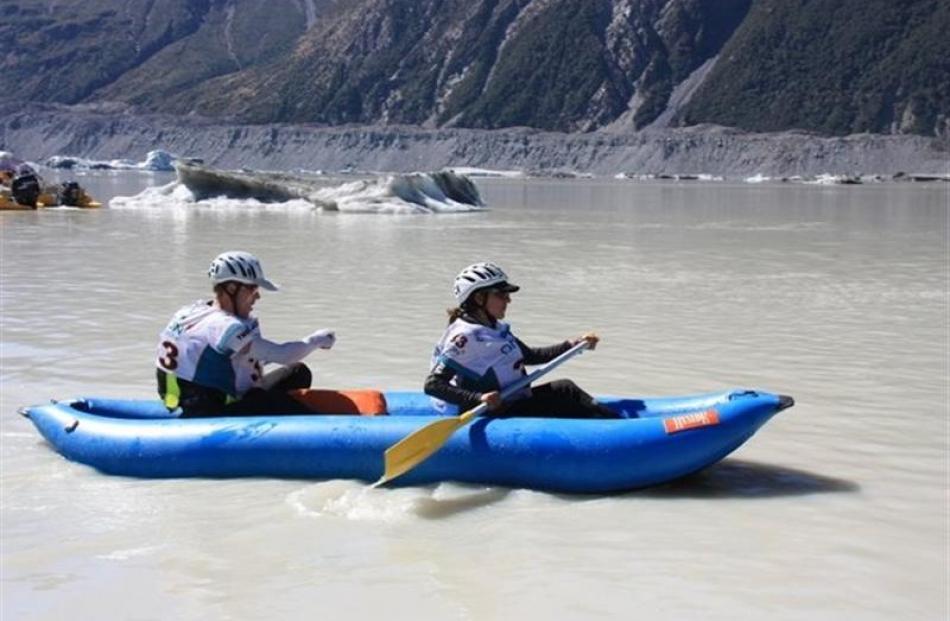 Kayaking among the glaciers in the Tasman River off Mt Cook. Photo from GodZone.